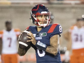 Montreal Alouettes quarterback Vernon Adams Jr., sets up a throw during second half CFL football action against the B.C. Lions in Montreal, Saturday, September 18, 2021.