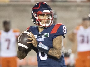 Montreal Alouettes quarterback Vernon Adams Jr., sets up a throw during second half against the B.C. Lions in Montreal on Sept. 18, 2021.