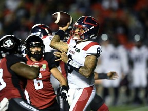 Montreal Alouettes quarterback Vernon Adams Jr. throws the ball against the Ottawa Redblacks during first-half CFL football action in Ottawa on Friday, Sept. 3, 2021.