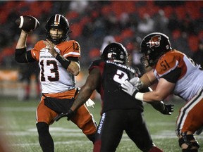 BC Lions quarterback Mike Reilly throws the ball against the Ottawa Redblacks during second half in Ottawa on Aug. 28, 2021.