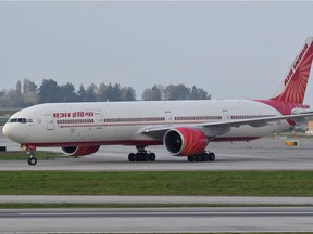 An Air India flight arrives from New Delhi at Vancouver International Airport on April 23, 2021, just before