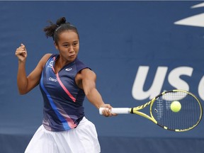 Laval's Leylah Annie Fernandez hits a shot against Kaia Kanepi of Estonia in a second-round match at the U.S. Open in Flushing, N.Y., on Sept. 1, 2021;