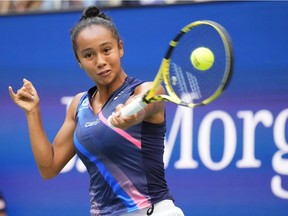 Laval's Leylah Fernandez hits a forehand against Emma Raducanu of Great Britain in the women's singles final of the 2021 U.S. Open tennis tournament at USTA Billie Jean King National Tennis Center on Saturday, Sept. 11, 2021, in Flushing, N.Y.