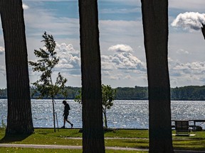 A fisherman walks tall amongst the giants along the lakeshore in Lachine on Saturday.