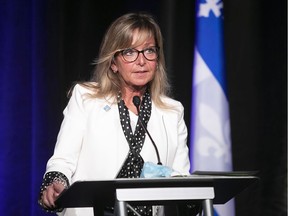 FIQ president Nancy Bédard speaks to reporters on May 2, 2021, following a meeting with Quebec Premier François Legault and Quebec Treasury Board president Sonia LeBel.