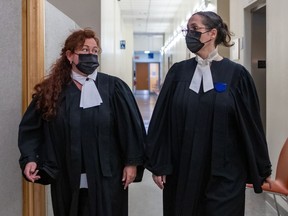 Defence lawyers Mylène Lareau, left, and Nellie Benoît at the Gouin courthouse in Montreal on Thursday May 27, 2021. The lawyers are arguing the case of Marie-Josée Viau and Guy Dion, who are charged in the 2016 deaths of Vincenzo and Giuseppe Falduto.
