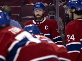 Montreal Canadiens defenceman Shea Weber watches teammates as they wait for a puck drop during playoff action against the Winnipeg Jets in Montreal on June 7, 2021.