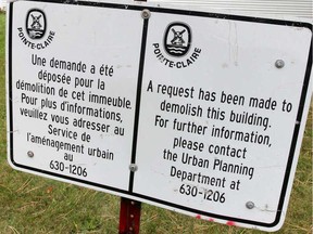 Sign on the lawn of a home in Pointe-Claire in 2014. Some citizens object to smaller older homes, many dating from the post-Second World War years, being torn down and replaced with larger homes, which some refer to as McMansions.