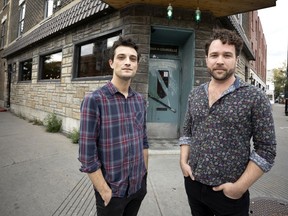 Frisco Lee, left, and Adrian Micholuk are managers Bar de Courcelle in St-Henri. About 80 per cent of his bars' expenses, for salaries and rent, have been paid by the federal government's pandemic grants, but those are ending this month.