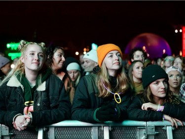 Angel Gaboury Dufort, Maïa Chrétien-Kasz and Marjorie Laliberté, left to right, at The Franklin Electric show at Osheaga at Parc Jean-Drapeau in Montreal on Friday, Oct. 1, 2021.