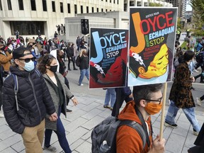 "Justice for Joyce Echaquan" demonstration makes its way along Boul. de Maisonneuve in Montreal Saturday October 3, 2020.