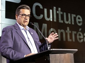 Denis Coderre speaks during a mayoral debate at the Centre Phi in Montreal on Oct. 4, 2021.