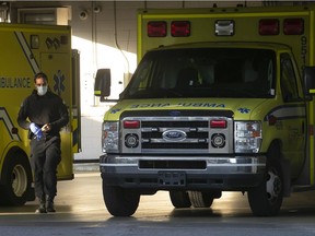An ambulance technician in the garage at a Montreal hospital.