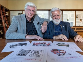 Serge Chapleau, left, and Terry Mosher at the Atwater Library with the editorial cartoons that will be depicted on a series of stamps from Canada Post. Chapleau and Mosher's works are in the foreground.