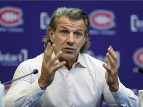 Montreal Canadiens general manager Marc Bergevin during a news conference at the Bell Sports Complex in Brossard on Oct. 7, 2021.