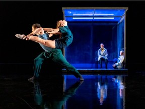 Marcel Mejia and Shanna Irwin (foreground) are among the dancers acting out the dreams and fantasies of a woman diagnosed with Alzheimer’s (portrayed by Brigitte Saint-Aubin, left background, with dancer Sophia Shaw) in Ballets Jazz Montréal’s Vanishing Mélodies, featuring the music of Patrick Watson.