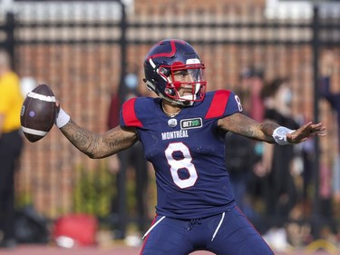 Montreal Alouettes quarterback Vernon Adams Jr. throws a pass during second half of Canadian Football League game against the Ottawa Redblacks in Montreal Monday October 11, 2021.