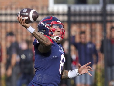 Montreal Alouettes quarterback Vernon Adams Jr. throws a pass during second half of Canadian Football League game against the Ottawa Redblacks  in Montreal Monday October 11, 2021.