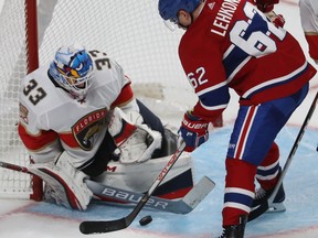 Florida Panthers goalie Samuel Montembeault makes save on the Canadiens' Artturi Lehkonen during NHL pre-season game at the Bell Centre on Sept. 19, 2019.