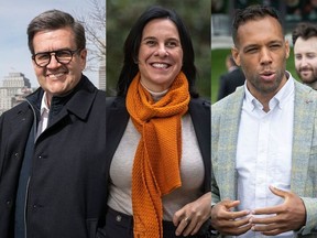Denis Coderre, left, Valérie Plante and Balarama Holness will take part in a Montreal mayoral debate in English on Oct. 28. (Composite image from Montreal Gazette files)
