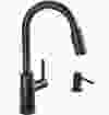Black faucets and hardware add a modern touch to kitchens. Moen Nori Pull-Down Matte Black Faucet with Soap Dispenser, $300, homehardware.ca.