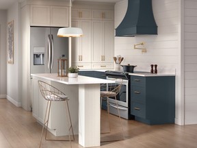Choosing dramatic colours and mixing cabinet styles gets the full go-ahead for 2022. Wood Crest's Preston Satin Starless on Thermofoil Cabinetry, available special order, homehardware.ca.
