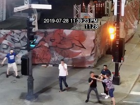 A surveillance camera captured part of the altercation that resulted in Simon-Olivier Bendwell's death on July 28, 2019. Maxime Chicoine-Joubert assaulted Bendwell's friend (wearing a black T-shirt) before he stabbed Bendwell (wearing a white T-shirt).