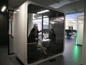 Ludia employees can use soundproofed cubicles for small team meetings.