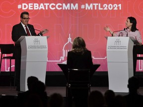 Mayoral candidates Denis Coderre and Valérie Plante take part in an election debate on the economy of Montreal on Monday, October 18, 2021.