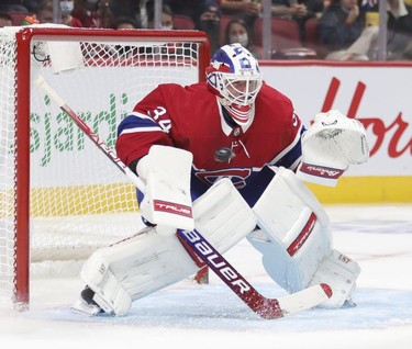 A shot by San Jose Sharks' Timo Meier gets by Montreal Canadiens Jake Allen for a goal during second period at the Bell Centre Tuesday, Oct. 19, 2021.