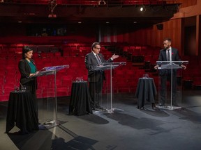 Projet Montreal Leader Valérie Plante, Ensemble Montréal Leader Denis Coderre and Movement Montreal Leader Balarama Holness at the Leonardo Da Vinci Centre in Montreal on Thursday during the English mayoral debate.