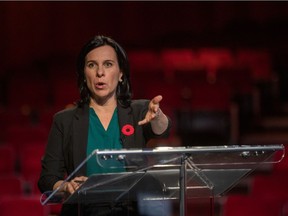 "In no way did we want to minimize sexual and psychological harassment," said Valérie Plante, pictured during a mayoral debate on Oct. 28, regarding her failure to disclose the allegations when asked last year if complaints of sexual impropriety had been made against any candidates in her party.