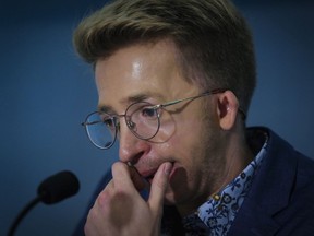 Jérémy Gabriel speaks to the media in Montreal on Friday, October 29, 2021 after the Supreme Court of Canada ruled in favour of comedian Mike Ward in a discrimination suit. The court ruled that Ward did not go too far when he made jokes about Gabriel’s physical appearance.