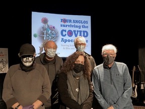 Terry Mosher, from left, Josh Freed, Ellen David, George Bowser, Rick Blue, at Théâtre Lac-Brome. Their show Four Anglos Surviving the COVID Apocalypse opens there this weekend.