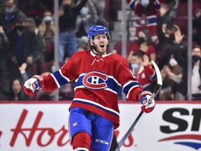 Canadiens' Mike Hoffman celebrates his goal during the first period against the Detroit Red Wings at the Bell Centre on Saturday, Oct. 23, 2021, in Montreal.