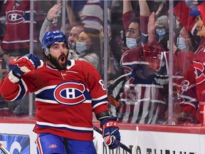 Canadiens' Mathieu Perreault celebrates his goal during the second period against the Detroit Red Wings at the Bell Centre on Saturday, Oct. 23, 2021, in Montreal.