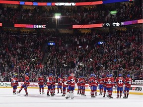 The Montreal Canadiens celebrate their victory against the Detroit Red Wings at the Bell Centre on Oct. 23, 2021.