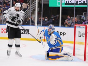 Kings' Phillip Danault tries to screen Blues goalie Jordan Binnington during a game last week. The former Canadiens centre has one goal and one assist for Los Angeles this season.