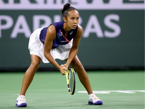 Leylah Fernandez of Canada plays Alize Cornet of France during the BNP Paribas Open at the Indian Wells Tennis Garden on October 08, 2021 in Indian Wells, California.