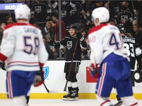 LOS ANGELES, CALIFORNIA - OCTOBER 30:  Arthur Kaliyev #34 of the Los Angeles Kings celebrates a goal against the Montreal Canadiens in the second period at Staples Center on October 30, 2021 in Los Angeles, California.