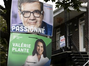Election signs for Denis Coderre and Valérie Plante in Verdun in front of a condo for sale sign. Affordable housing is a big issue during the mayoral campaign.
