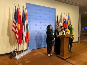 Left to right: Former Afghan diplomat Asila Wardak, former Afghan politician and peace negotiator Fawzia Koofi, Afghan journalist Anisa Shaheed and former Afghan politician, Naheed Fareed speak to reporters outside the U.N. Security Council, in New York, U.S. Oct. 21, 2021.