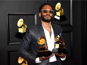 Kaytranada with his Grammys for best dance/electronic album and best dance recording in Los Angeles on March 14, 2021.