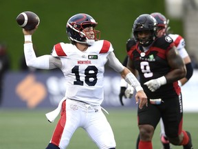 Alouettes quarterback Matthew Shiltz throws against the Redblacks  in Ottawa on Saturday, Oct. 16, 2021.