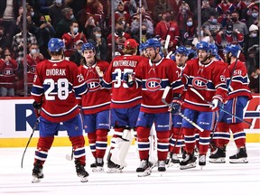 Montreal Canadiens players celebrate their win against Detroit Red Wings at Bell Centre.