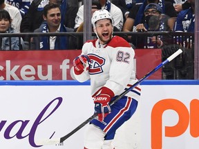Montreal Canadiens forward Jonathan Drouin (92) celebrates after scoring against Toronto Maple Leafs in the first period at Scotiabank Arena.