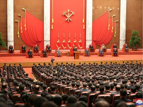 North Korean leader Kim Jong Un speaks during an event celebrating the 76th anniversary of the founding of the ruling Workers' Party of Korea (WPK) in Pyongyang, North Korea, in this undated photo released on Monday, Oct. 11, 2021, by North Korea's Korean Central News Agency (KCNA).