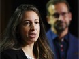 Newly-elected Bloc Québécois member of Parliament Nathalie Sinclair Desgagné joins party Leader Yves-François Blanchet as they hold a news conference on Parliament Hill in Ottawa on Tuesday, Oct. 5, 2021.