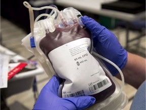 A bag of blood is shown at a clinic  in Montreal on Nov. 29, 2012.