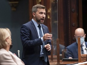 Quebec Solidaire Leader Gabriel Nadeau-Dubois questions the government during question period Wednesday, September 15, 2021 at the legislature in Quebec City.